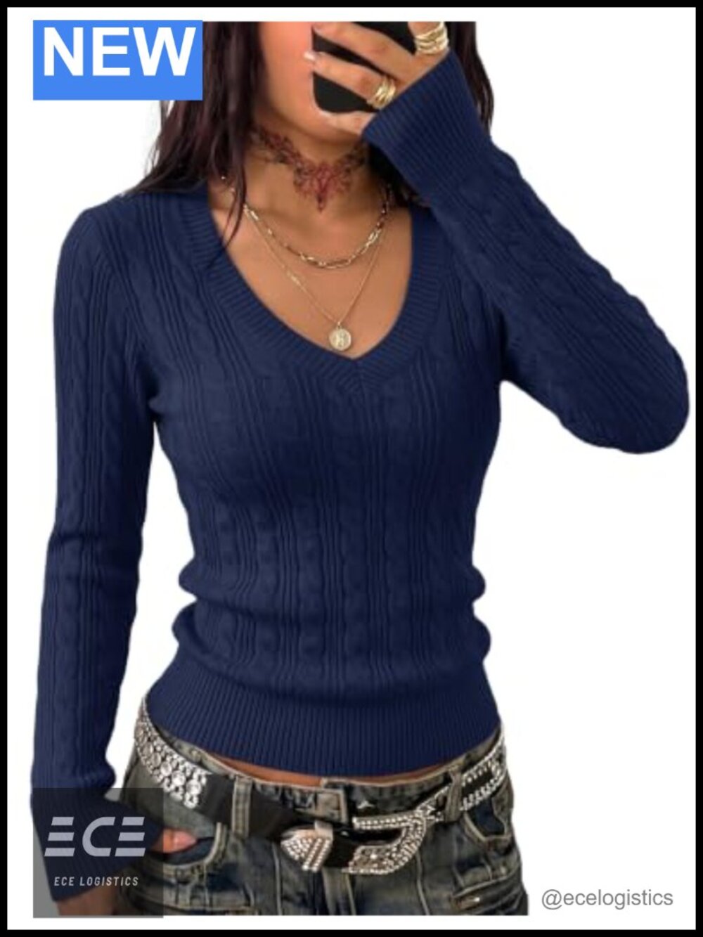 Cable Knit Long Sleeve V Neck Slim Fit Pullover Sweater